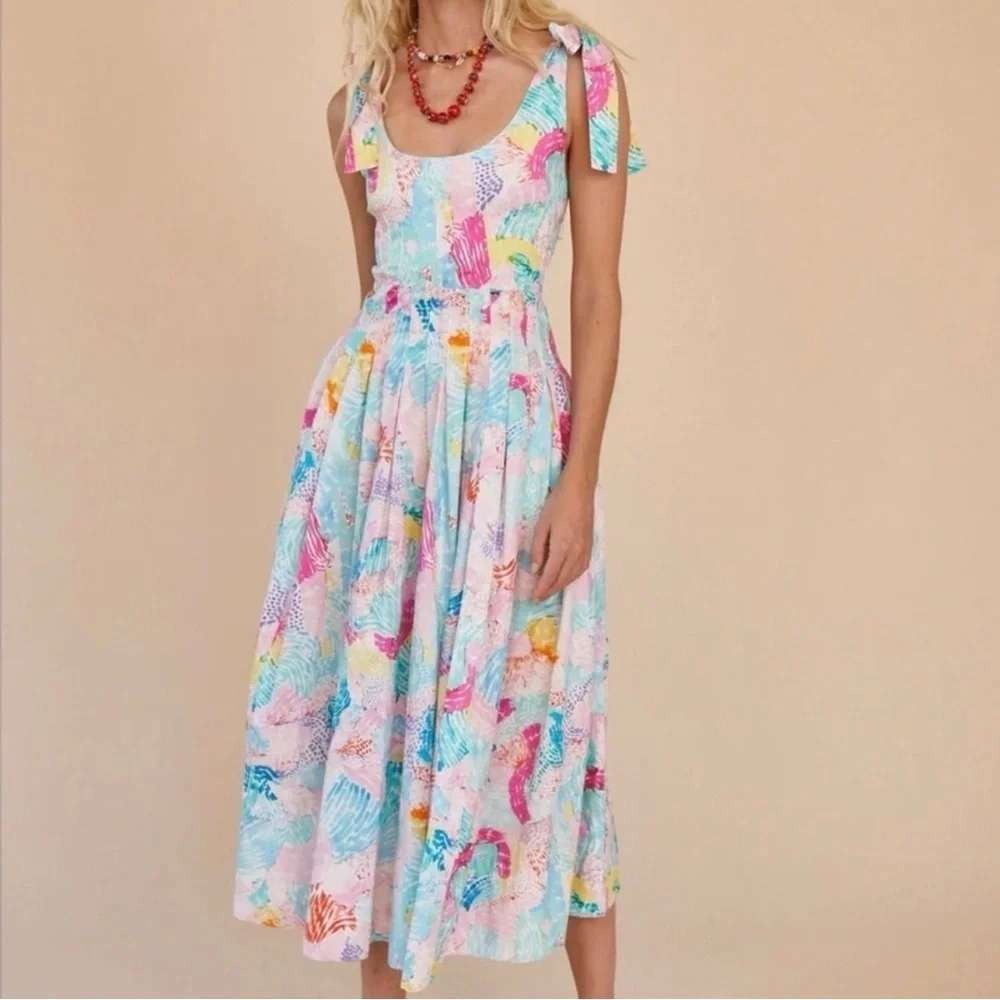 Hunter Bell Braden Dress Pastel Multi-Color Tie-Shoulder Midi Dress Size 2
